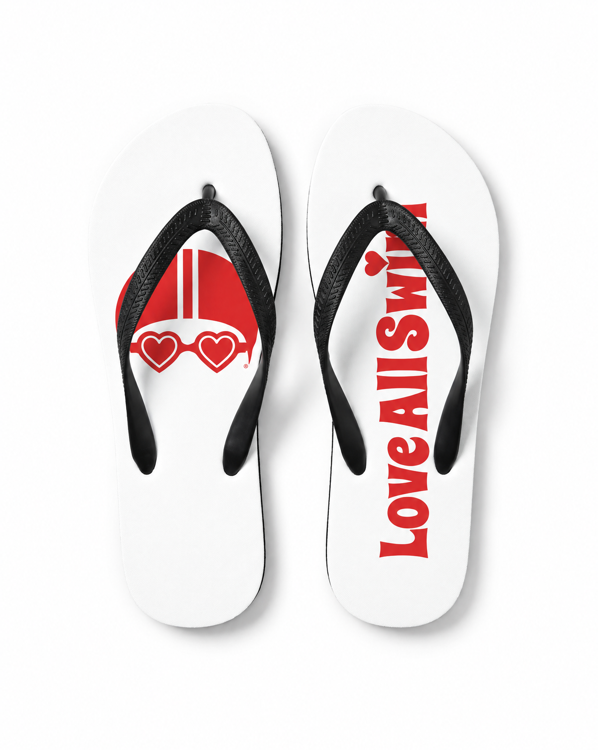 A pair of white flip-flops with black straps. The left flip-flop features a red graphic of a classic car wearing heart-shaped sunglasses, and the right flip-flop has the phrase 'Love All Swims' printed in red.
