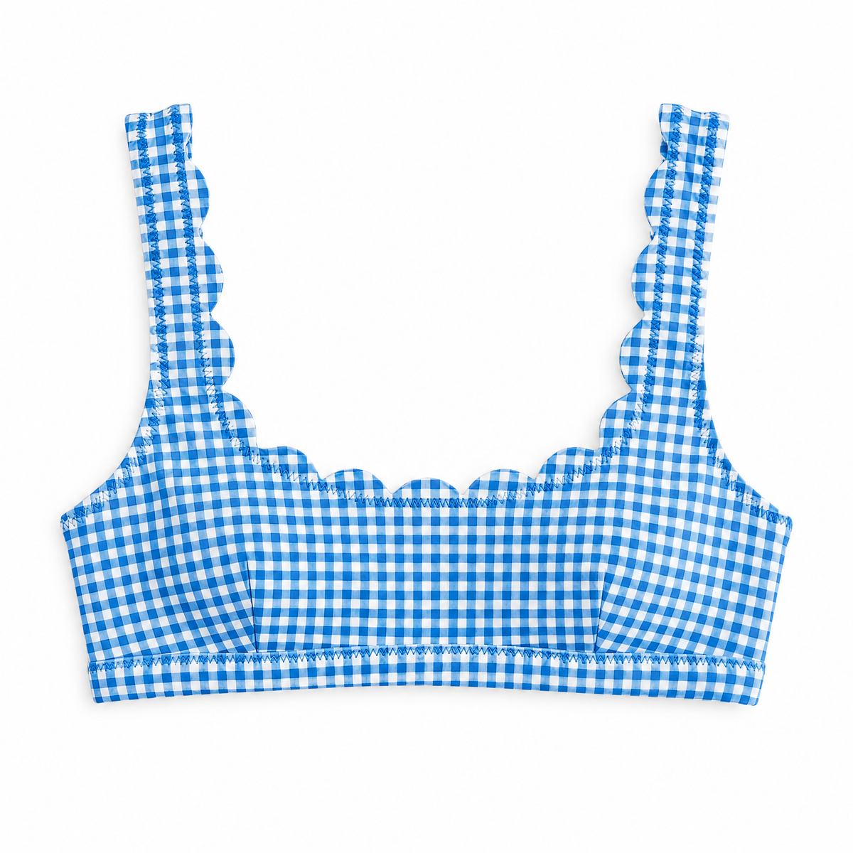 A blue and white gingham check bikini top with scalloped edges, displayed flat against a solid white background.