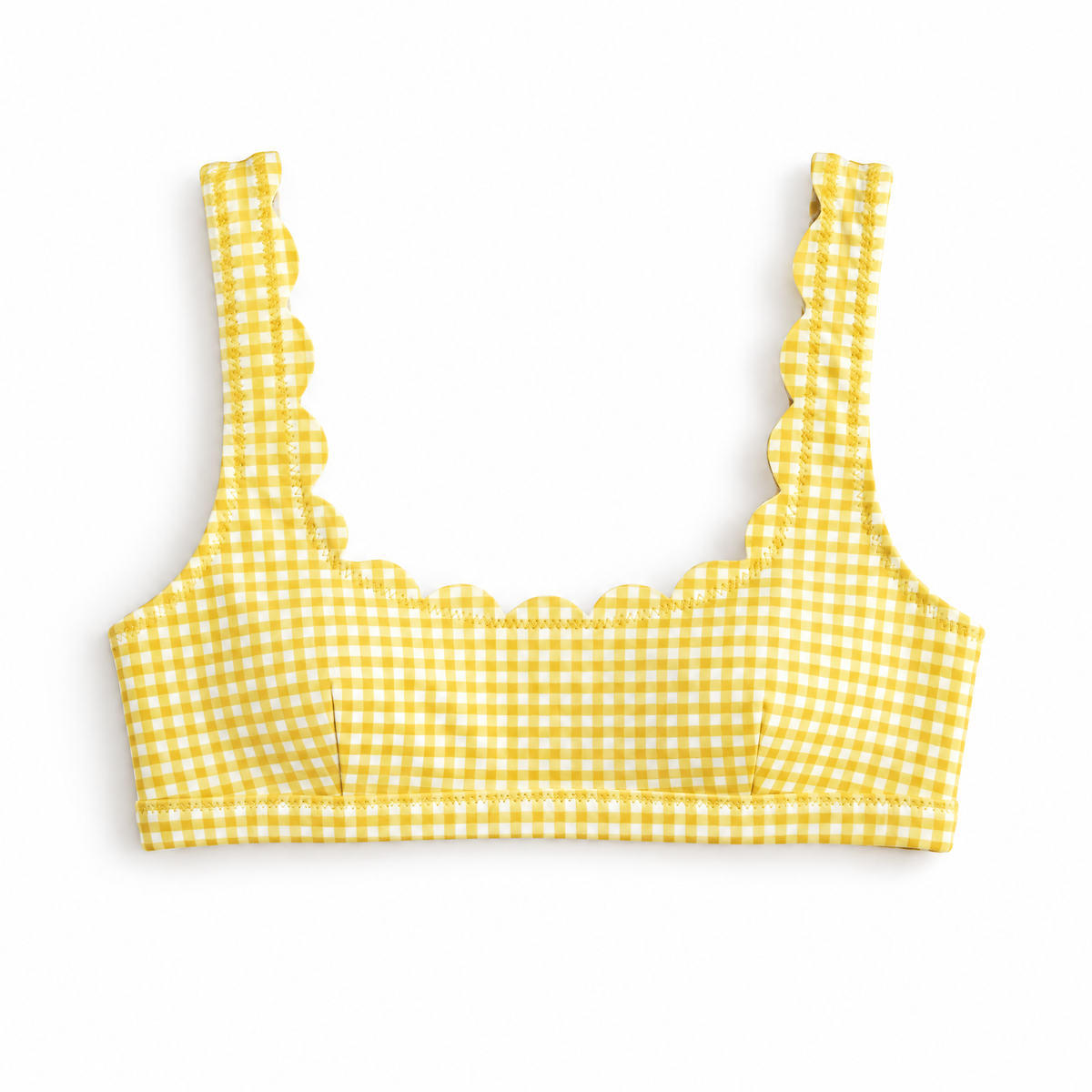 A yellow and white gingham check bikini top with scalloped edges on the straps, shown flat against a white background.