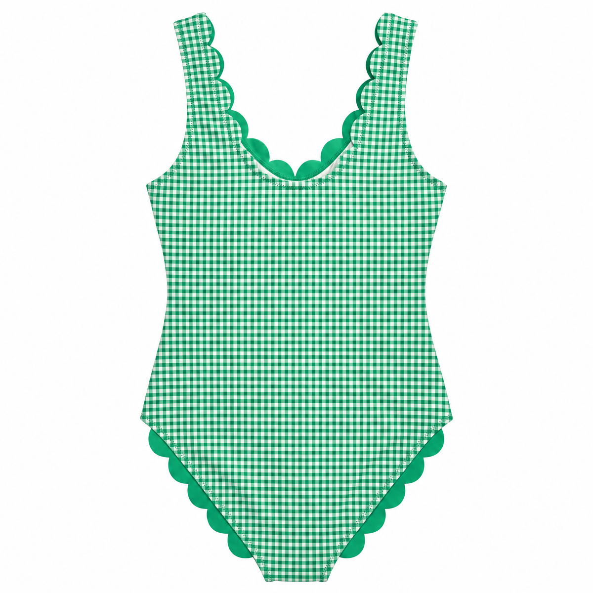 A green and white gingham check one-piece swimsuit with scalloped trim along the neckline, armholes, and crotch, shown flat against a white background.