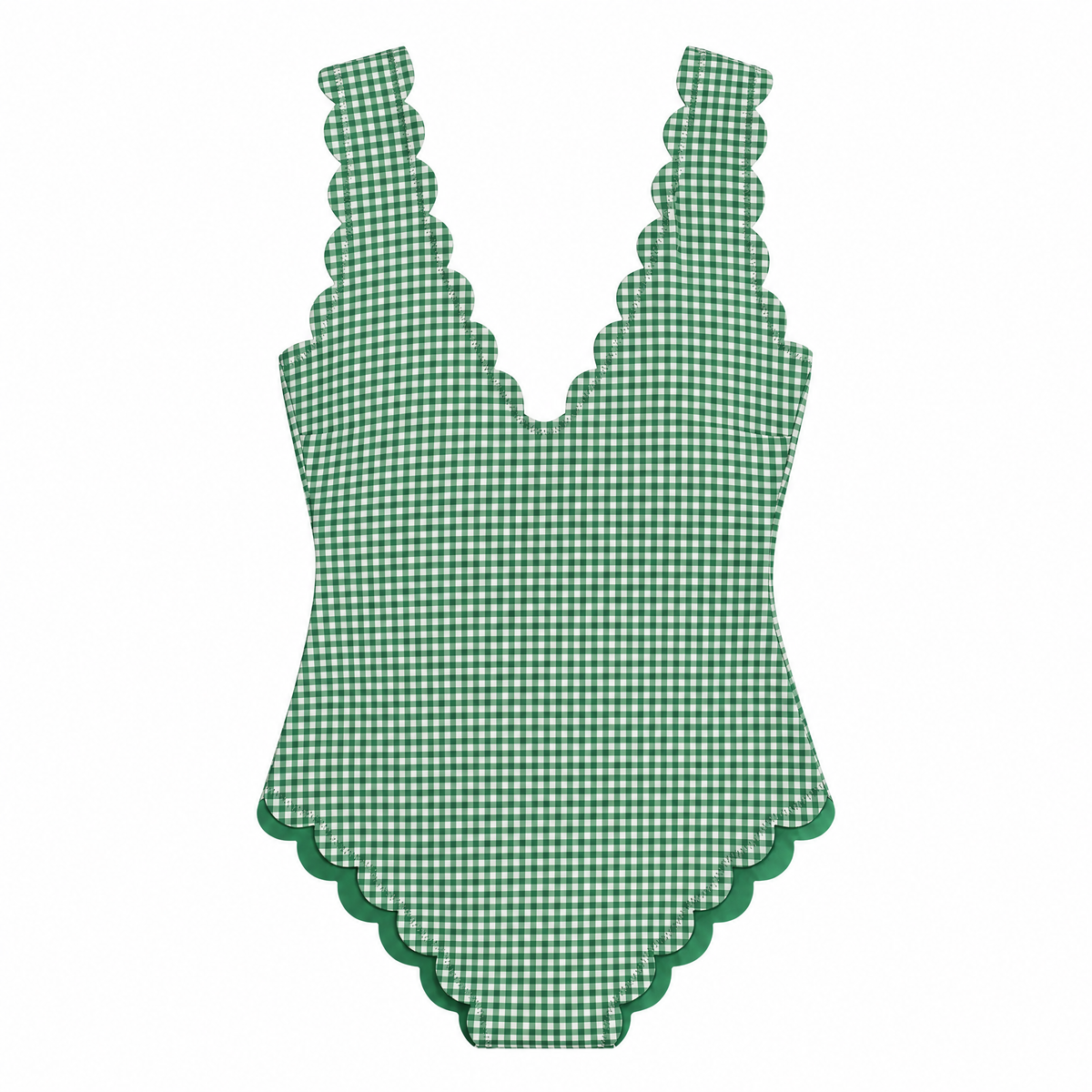 Green and white gingham one-piece swimsuit with ruffled shoulder straps and a scalloped leg opening, shown flat on a white background.