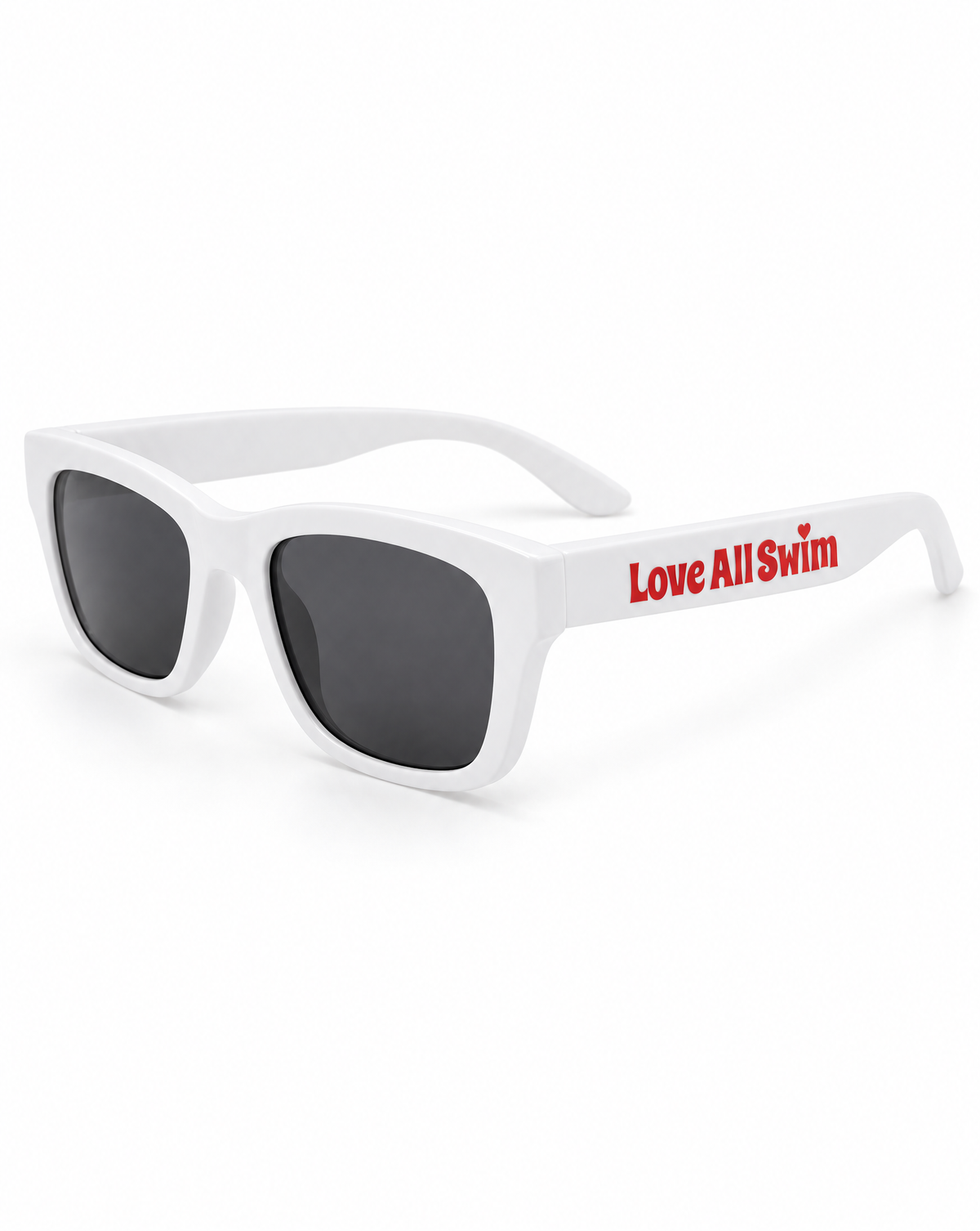 White sunglasses with red text "Love All Swim" on the side shown on a white background