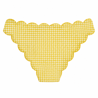 Yellow and white gingham patterned swimsuit bottoms with a scalloped edge, shown flat against a white background.