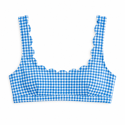 A blue and white gingham check bikini top with scalloped edges, displayed flat against a solid white background.