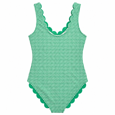 A green and white gingham check one-piece swimsuit with scalloped trim along the neckline, armholes, and crotch, shown flat against a white background.
