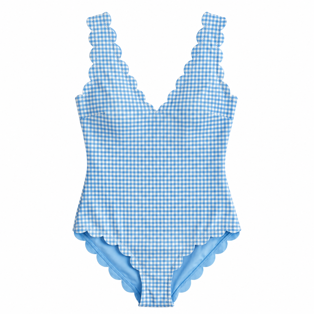 A light blue and white gingham one-piece swimsuit with scalloped edges on the shoulders and bottom, displayed against a solid white background.