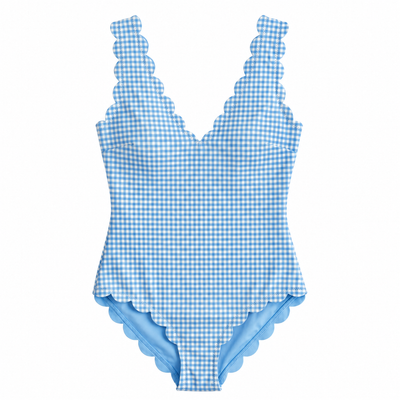 A light blue and white gingham one-piece swimsuit with scalloped edges on the shoulders and bottom, displayed against a solid white background.