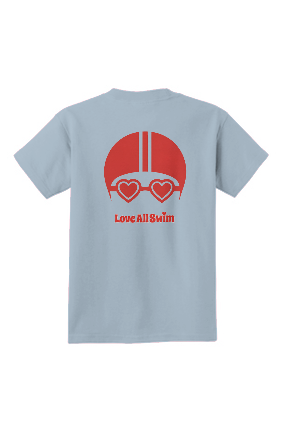 Light blue t-shirt with red graphic and 'Love All Swim' text on a white background