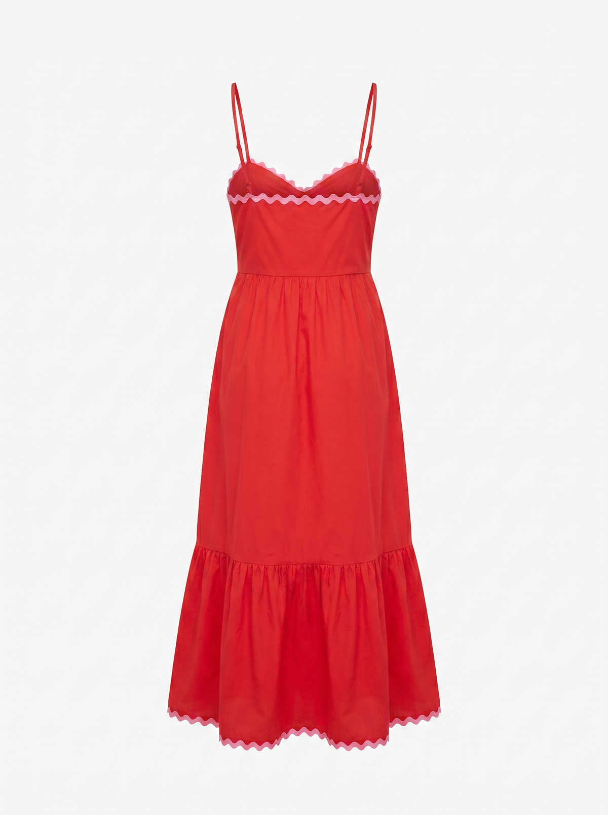 A red spaghetti-strap midi dress with a tiered skirt and delicate white lace trim at the bust and hem, shown against a plain white background.